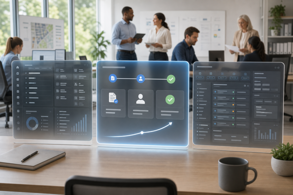 Dashboard-style workflow screens with document, user, and approval icons in an office meeting room
