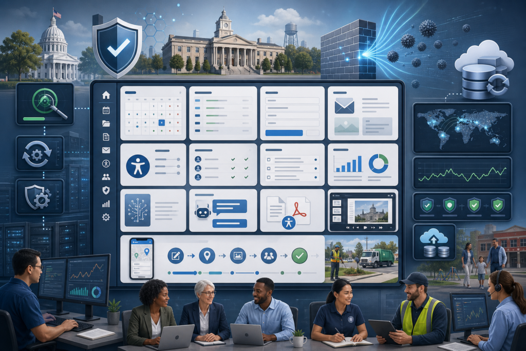 Integrated city operations and security dashboard with maps, charts, alerts, and service workflows