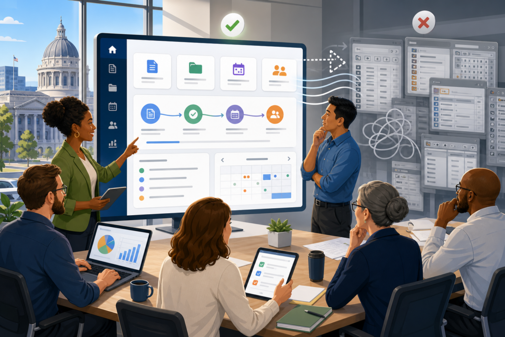 Team meeting reviewing a workflow dashboard on a large screen with charts, tasks, and app icons