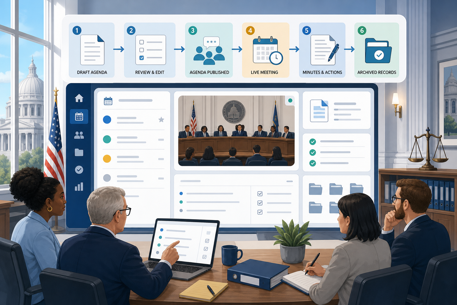 Government meeting workflow dashboard showing agenda, live meeting, minutes, and archived records