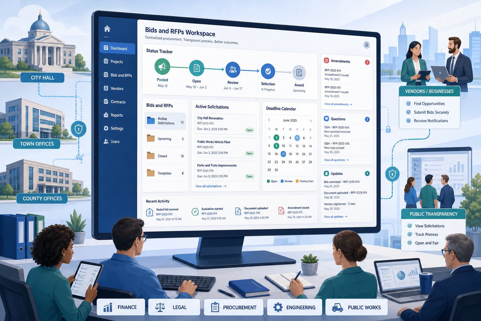 Illustration of a city procurement dashboard showing bids, RFP status, deadlines, and public transparency across departments