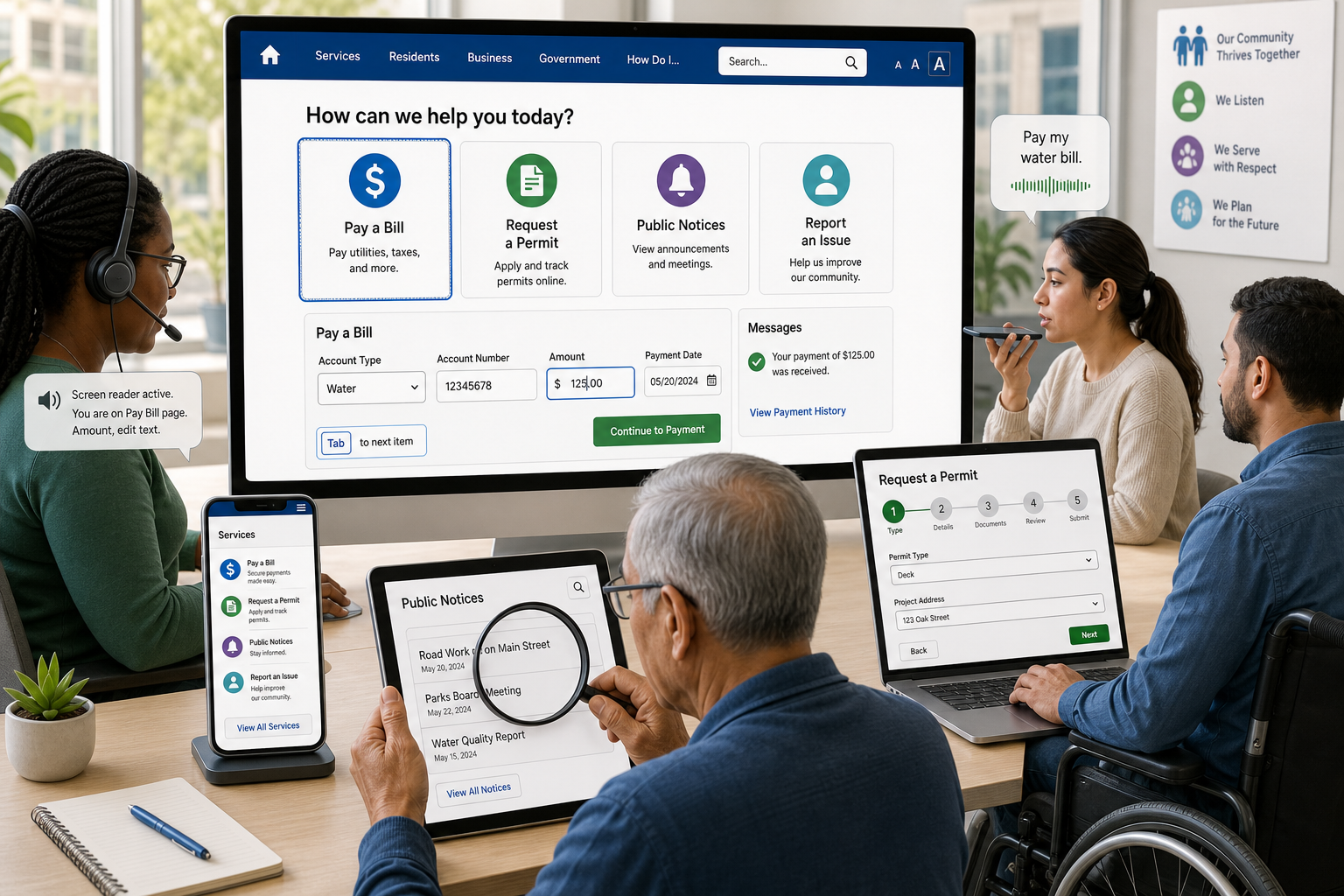 Editorial illustration of a local government website on a desktop monitor with a matching smartphone and tablet, showing an accessible, clean civic services interface with clear navigation, high-contrast design, large readable text, labeled form fields, simple icons, and visible keyboard-focus outlines; include diverse residents using assistive technologies such as a screen reader headset, voice input, and magnification, plus an older adult and a wheelchair user calmly completing online tasks like bill payment, permit requests, and checking public notices; bright municipal office atmosphere, trustworthy and inclusive tone, modern flat-meets-semi-realistic style, soft natural lighting, crisp composition, no text, no logos, no branding